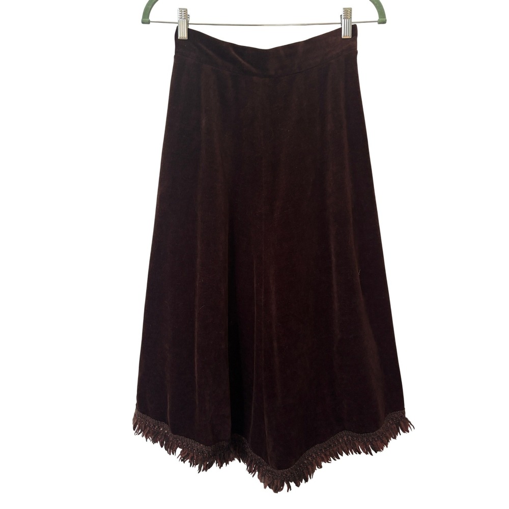 Vintage Brown Velvet Handkerchief Hem Fringe Midi Skirt High Waist Size 11-12